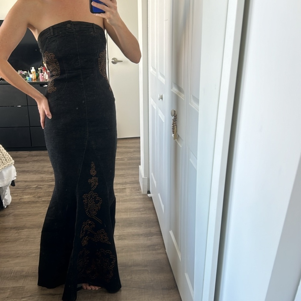 Vintage Francky Velucci Embroidered Denim Strapless Maxi Dress